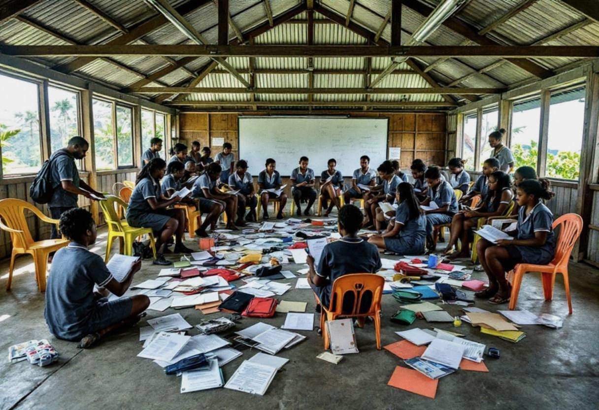 Drama scripts and costume props scattered across a concrete floor in an open-air Pacific island classroom with corrugate