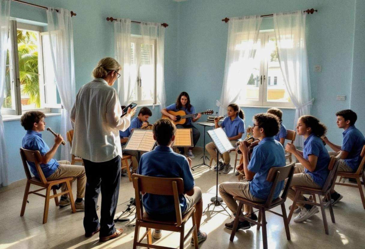 A Greek music teacher in a flowing white blouse and dark trousers leads preteens ages 10 to 13 in blue polo shirts and k