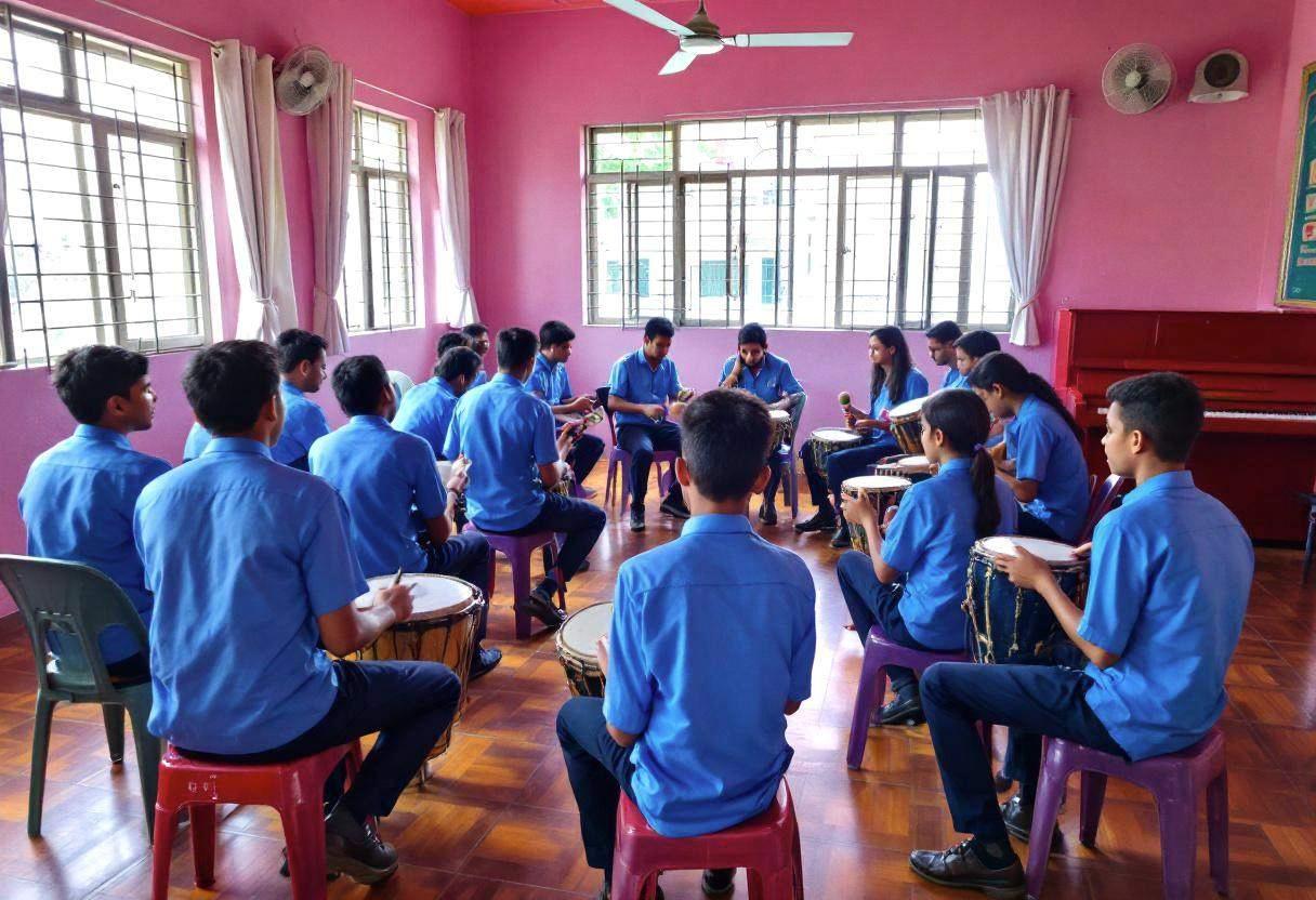 Preteens ages 10 to 13 in blue uniform shirts and navy trousers sitting on plastic chairs with musical instruments