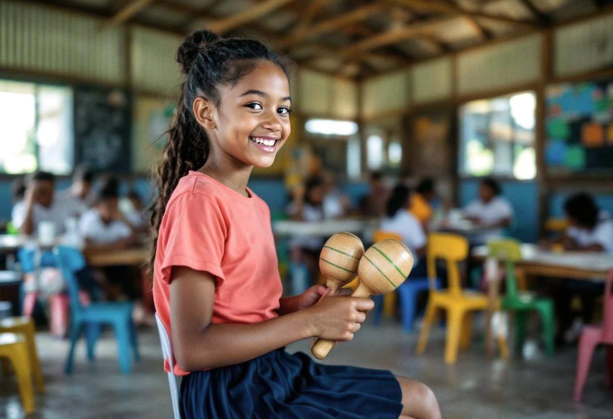 One preteen girl around age 11 in a bright coral t-shirt and navy school skirt playing wooden maracas