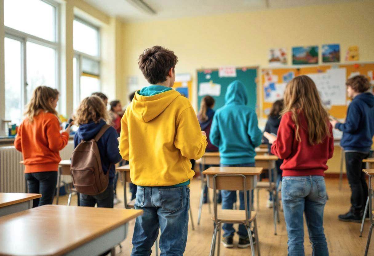 Ten middle-school preteens ages 10 to 13 in colorful hoodies and jeans holding simple percussion instruments and recorde