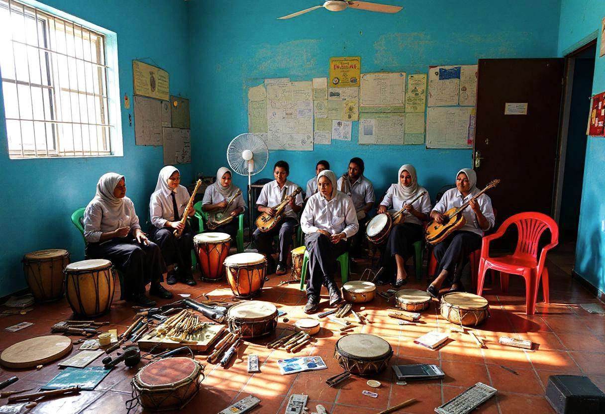Musical instruments and handmade percussion scattered across terracotta tile floor in bright sky-blue painted Dominican 