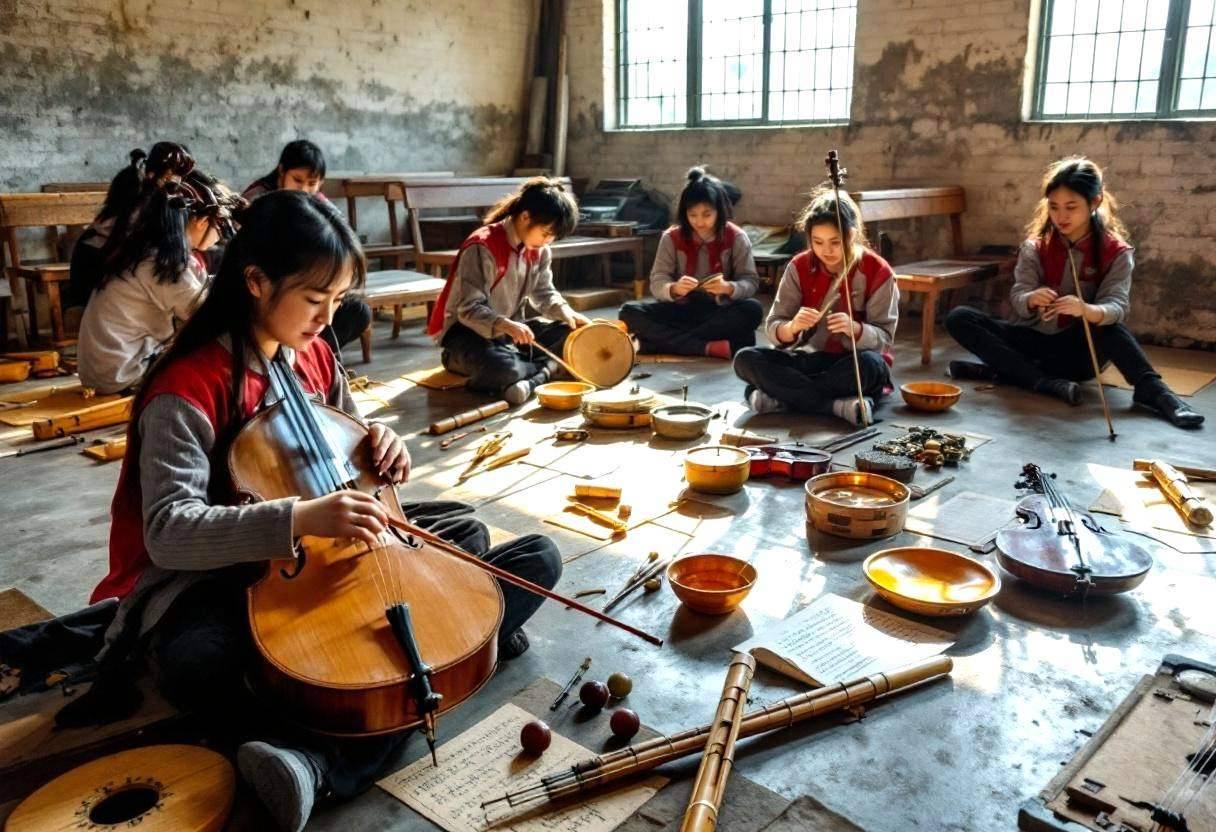 Traditional Chinese folk instruments scattered on concrete floor including erhu with horsehair bow