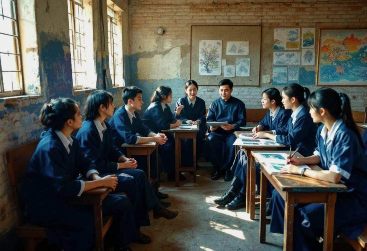 Lanky teenagers ages 14 to 17 in navy blue school uniforms and white collared shirts gathered around their teacher in a 