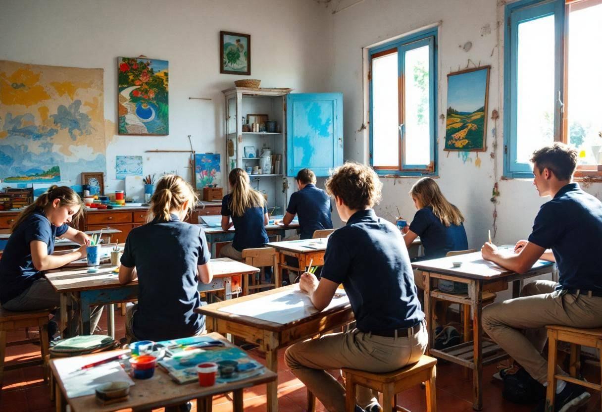 Lanky fourteen to seventeen-year-olds in navy polo shirts and khaki trousers sketching and painting at weathered wooden 