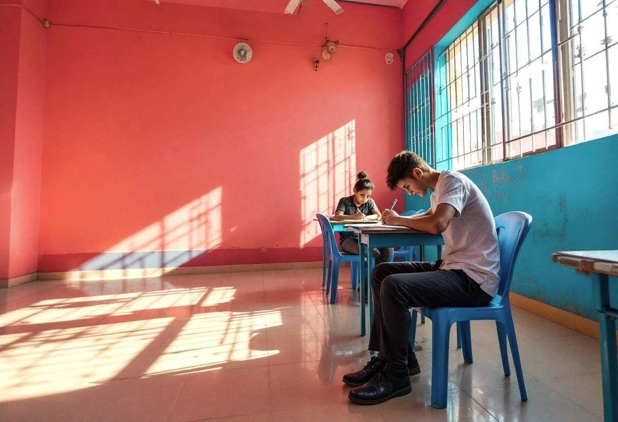 One lanky sixteen-year-old in a white cotton polo shirt and dark trousers sitting at slight angle sketching intently on 