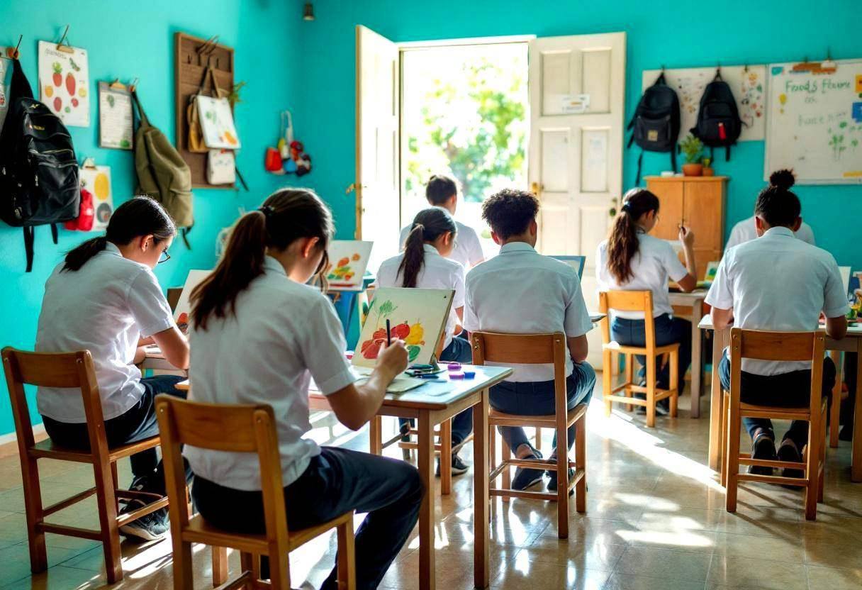 Lanky fourteen to seventeen-year-olds in white cotton shirts and dark trousers seated on small wooden chairs