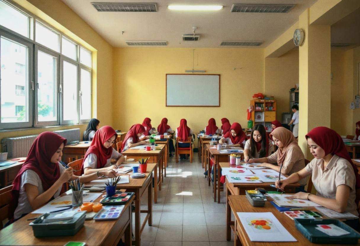 Art supplies scattered across wooden desk surfaces in a Vietnamese urban classroom with cream-yellow painted walls and c