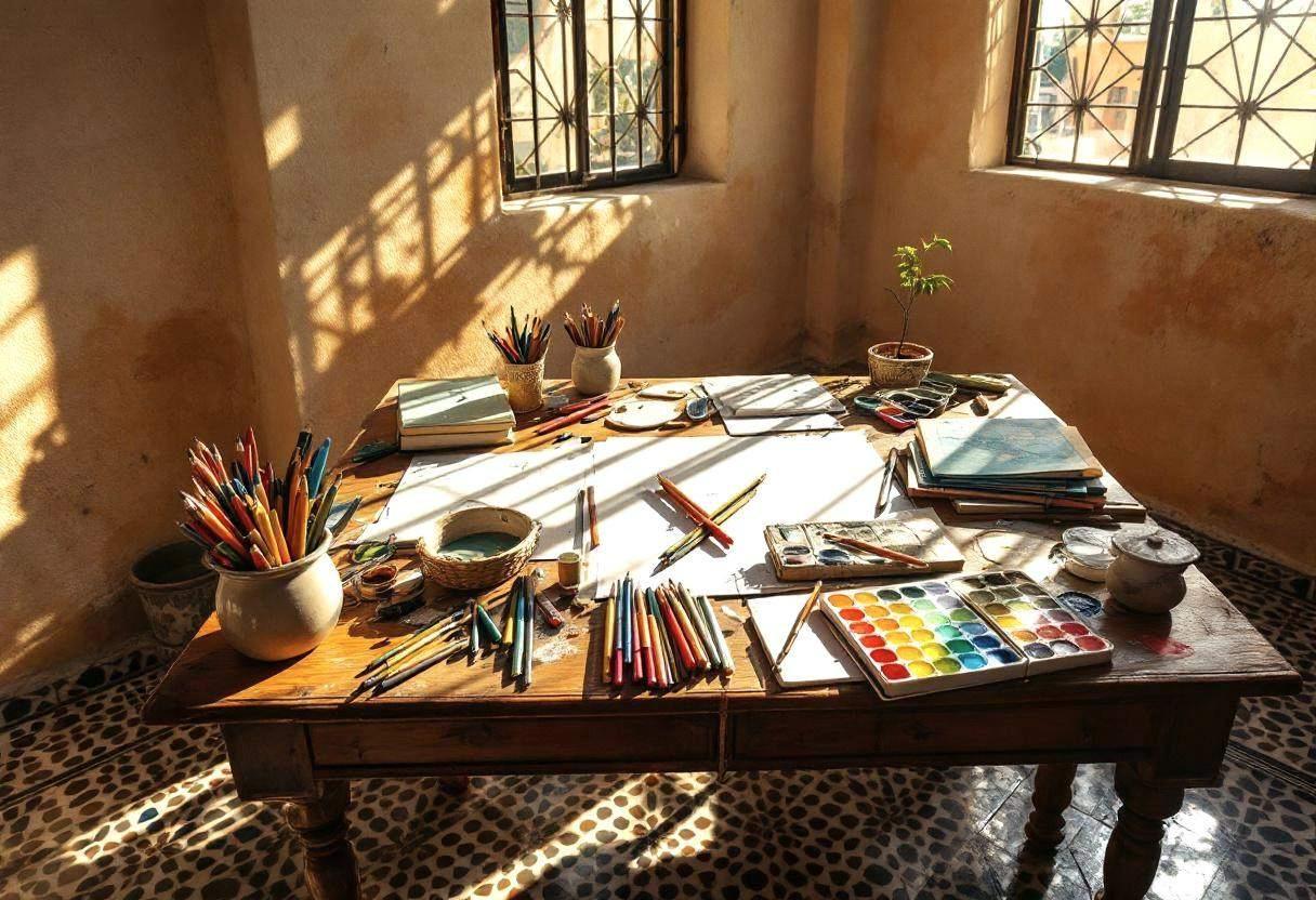 Art supplies scattered across a wooden desk surface with sketchbooks