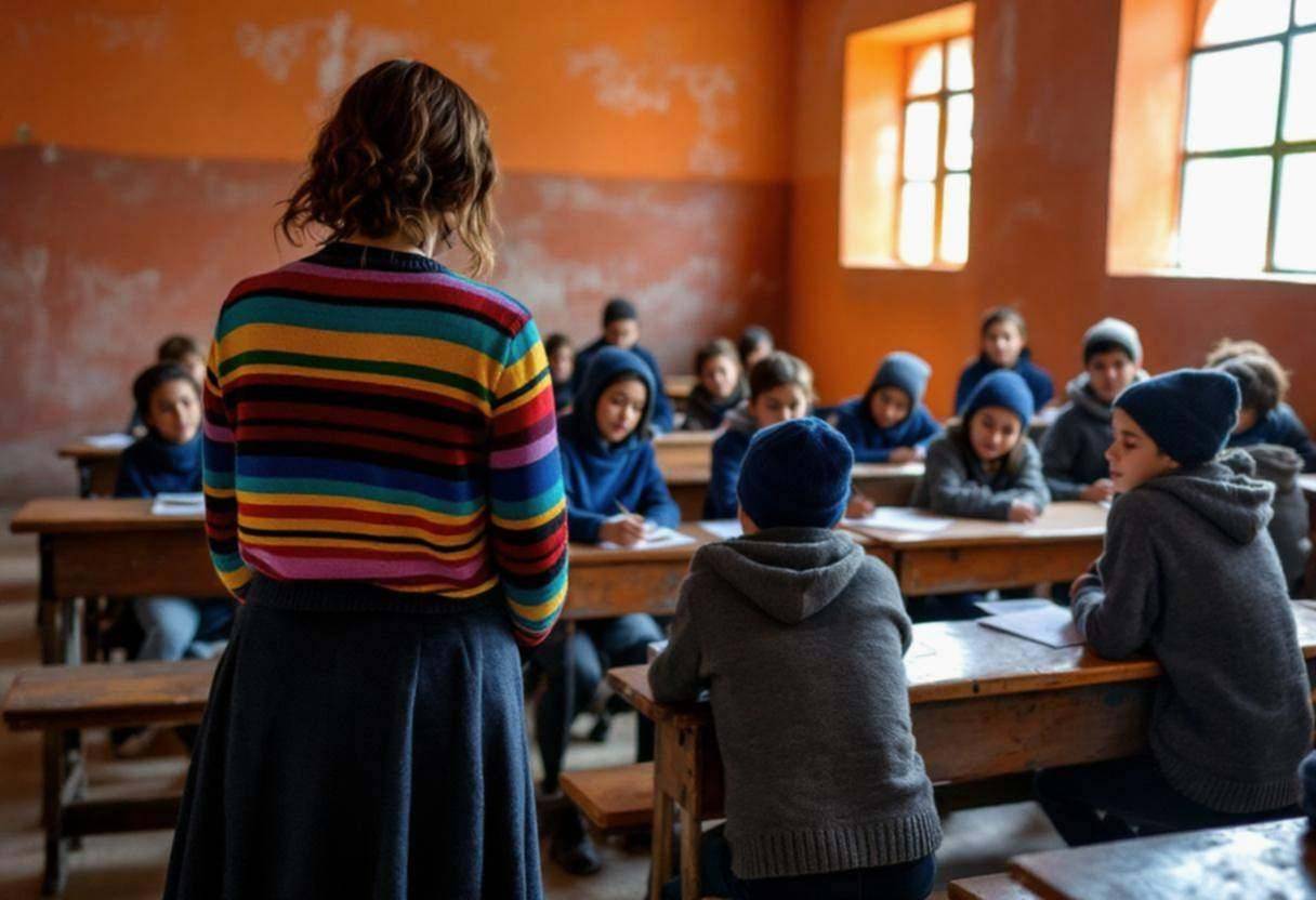 A teacher in a colorful striped sweater and dark wool skirt seen from behind leads preteen students ages 10-13 in blue a