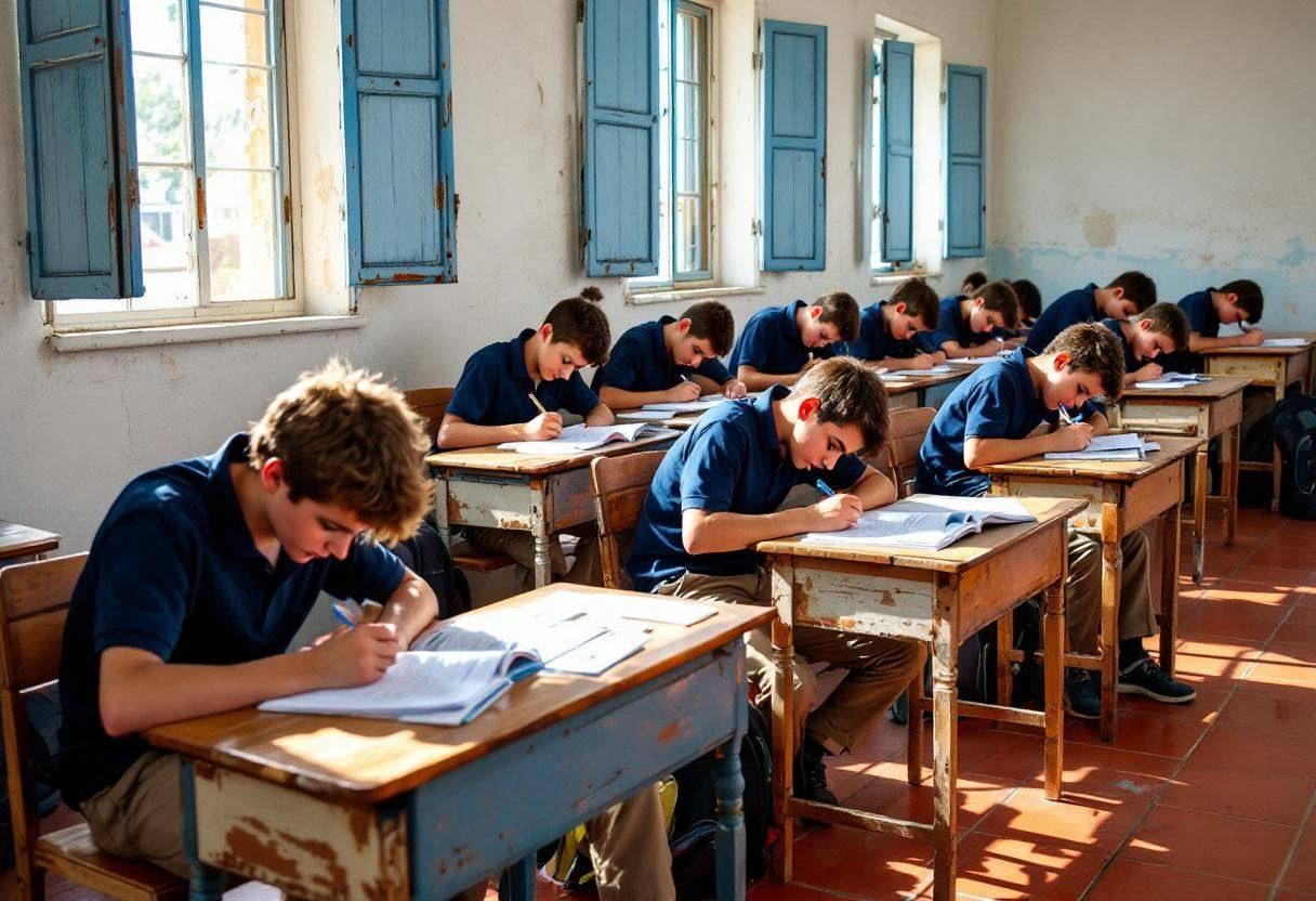 Twelve and thirteen-year-olds in navy polo shirts and khaki trousers hunched over notebooks