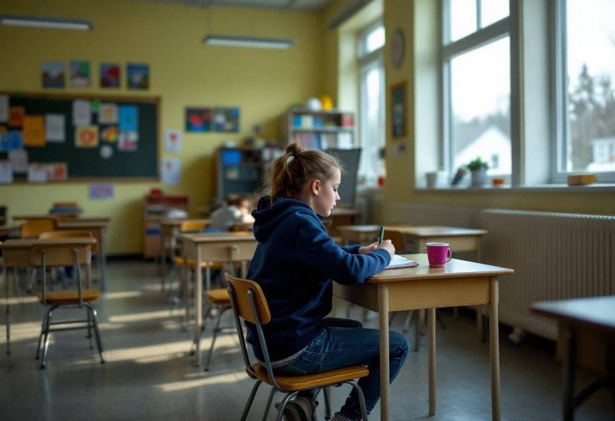 One preteen girl around age 11 in a navy hoodie and jeans sitting at a wooden desk writing in a notebook