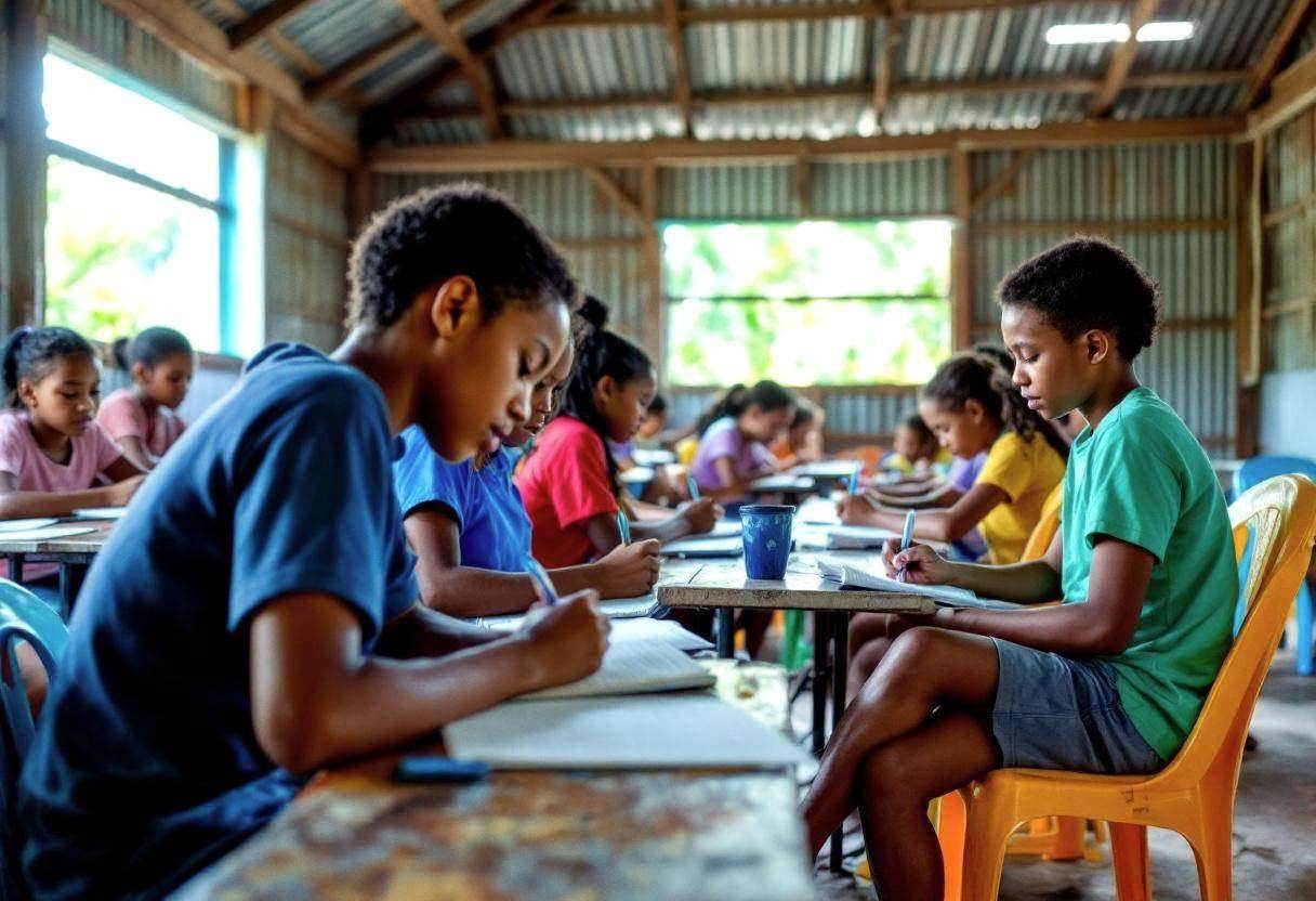 Mixed group of preteens ages 10 to 13 in colorful cotton t-shirts and shorts writing in notebooks