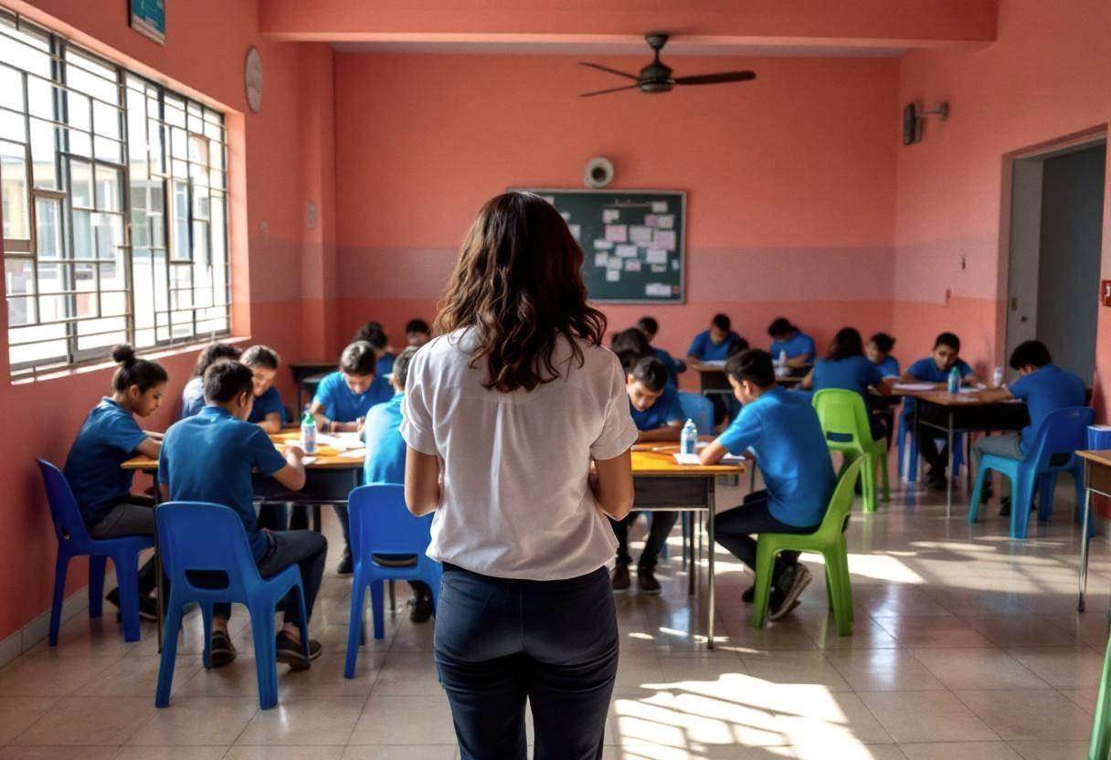 A Mexican teacher in a white cotton blouse and dark trousers from behind