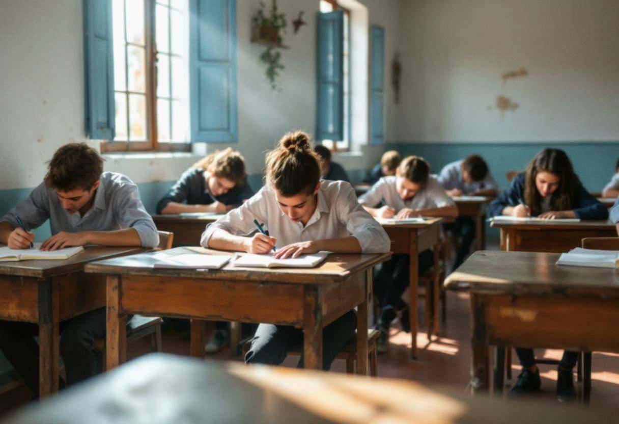 Lanky teenagers ages 14 to 17 in button-down school shirts and dark trousers hunched over notebooks writing