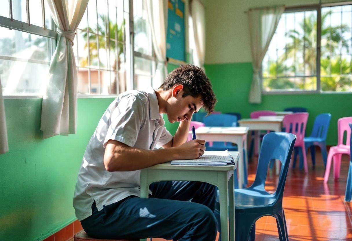 One lanky sixteen-year-old in a white cotton school shirt and navy trousers hunched over a notebook