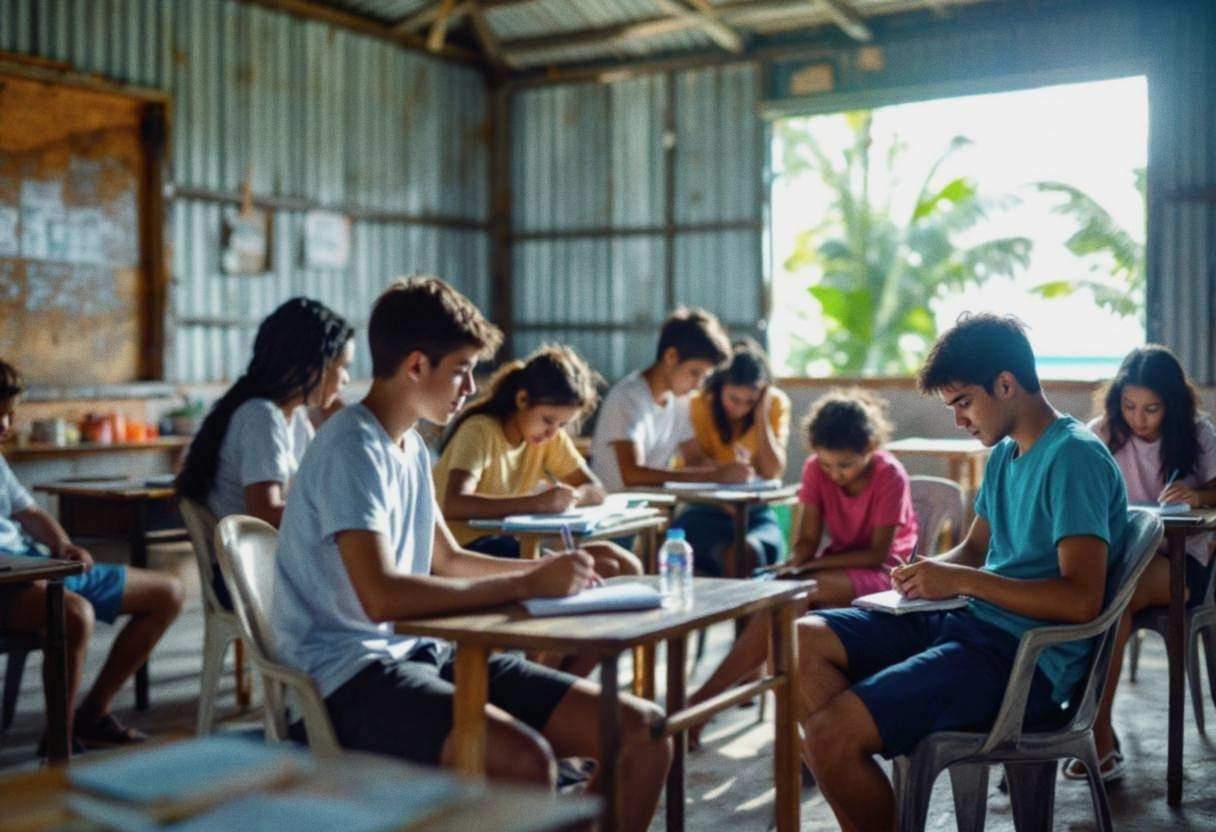 Lanky teenagers ages 14 to 17 in colorful cotton t-shirts and casual trousers sitting in mixed plastic chairs
