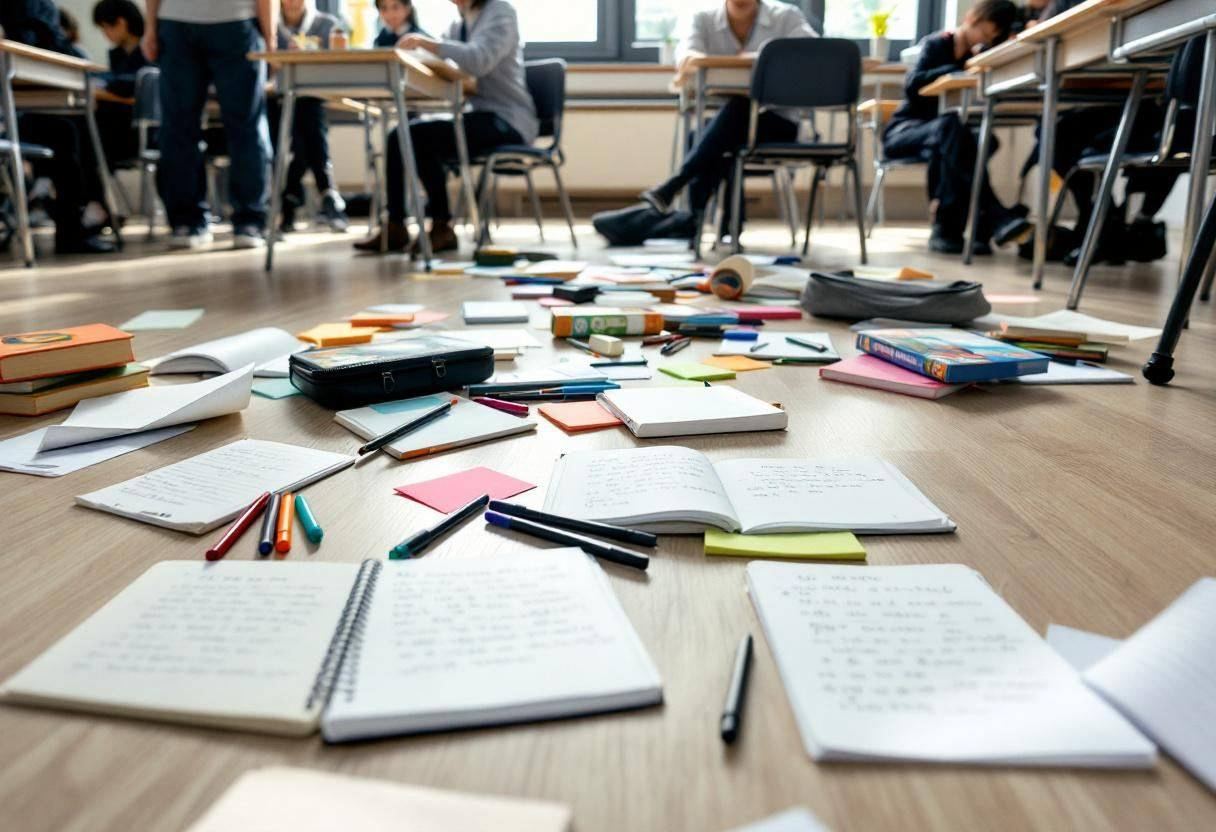 Scattered creative writing materials on light wood classroom floor: blank notebooks with handwritten story drafts