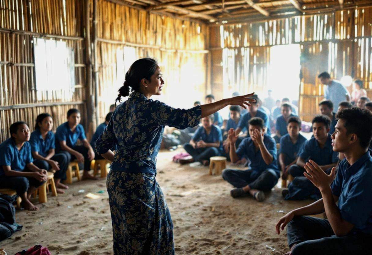 A middle-aged Indonesian teacher in a traditional batik blouse and long skirt leads lanky teenagers ages 14 to 17 in blu