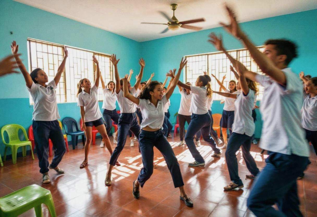 Lanky fourteen to seventeen-year-olds in white polo shirts and navy trousers moving expressively across the room