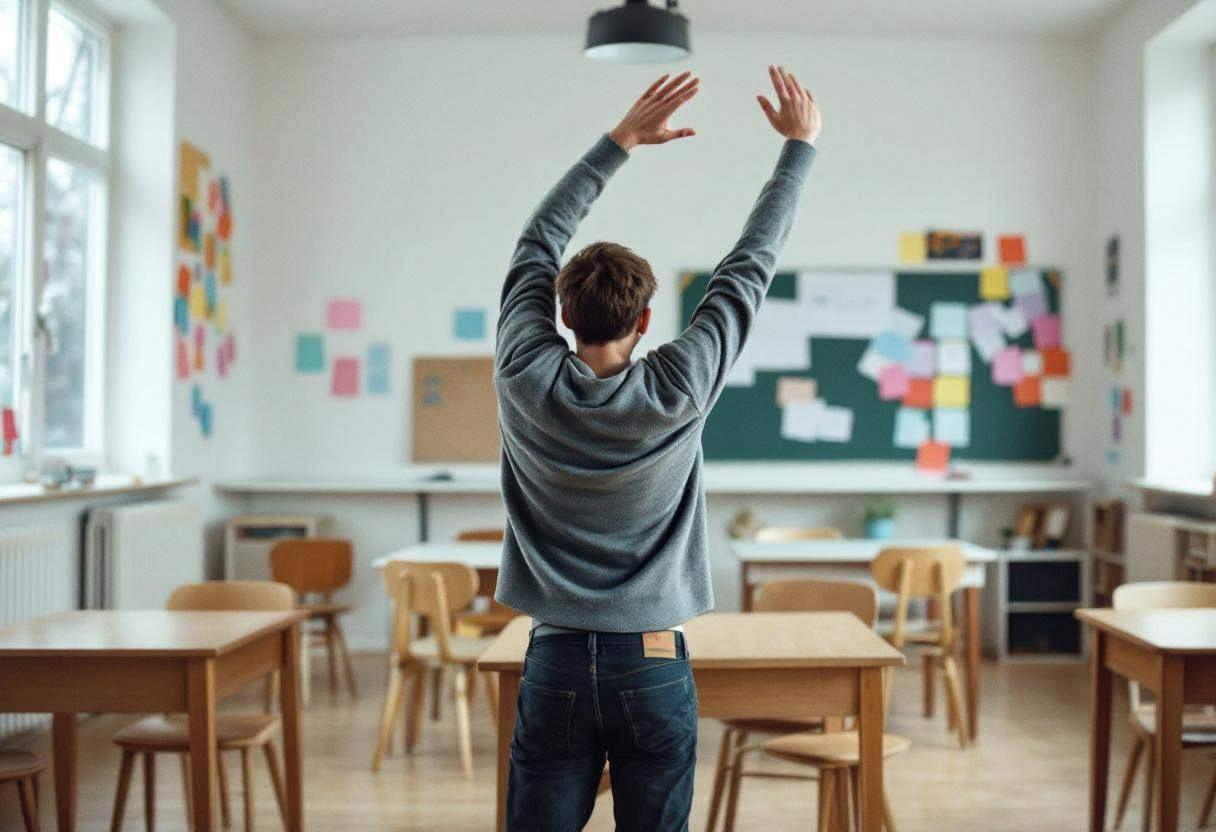 A lanky sixteen-year-old in a gray wool sweater and dark jeans stretches arms overhead in an expressive movement