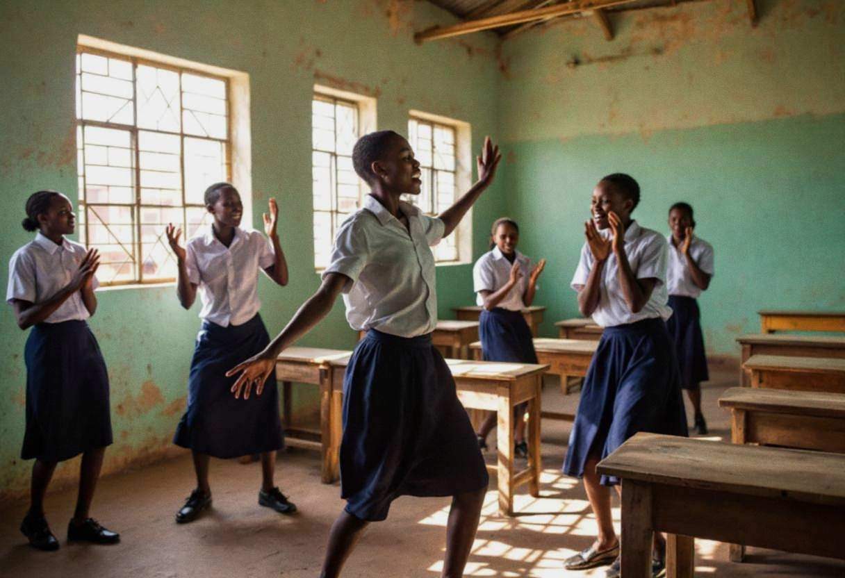 Lanky teenagers ages 14 to 17 in navy-blue school uniforms and white button-down shirts moving expressively through danc