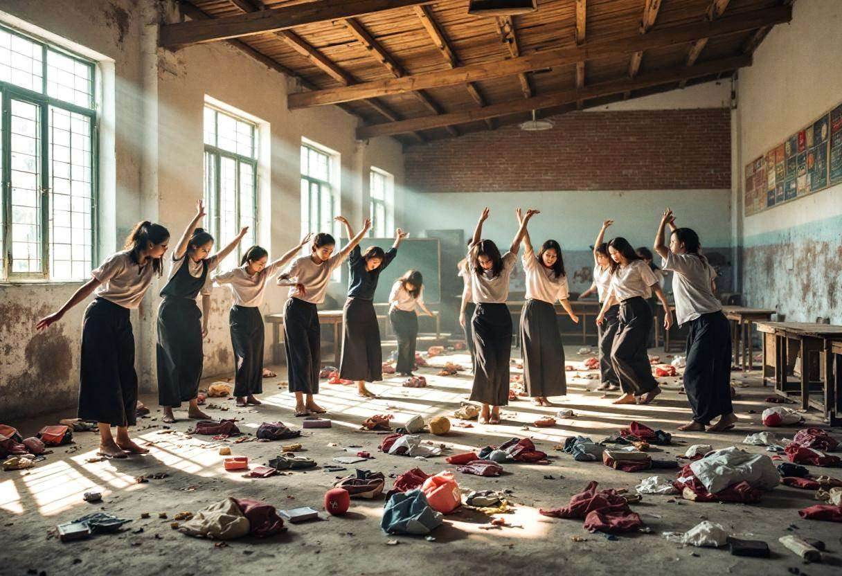 Dance movement props scattered on concrete classroom floor in rural Chinese village school with whitewashed brick walls