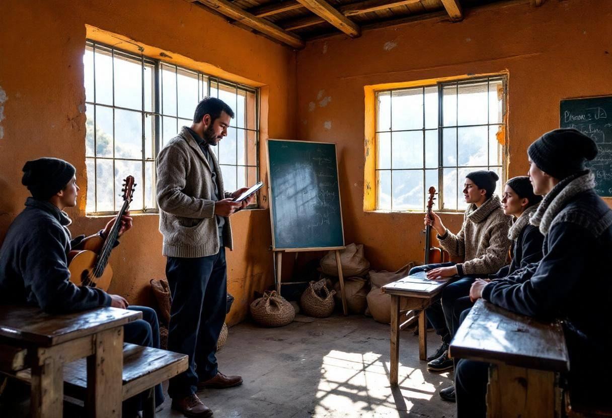 A Peruvian teacher in a woven alpaca cardigan and dark trousers leading lanky teenagers ages 14 to 17 in wool sweaters a