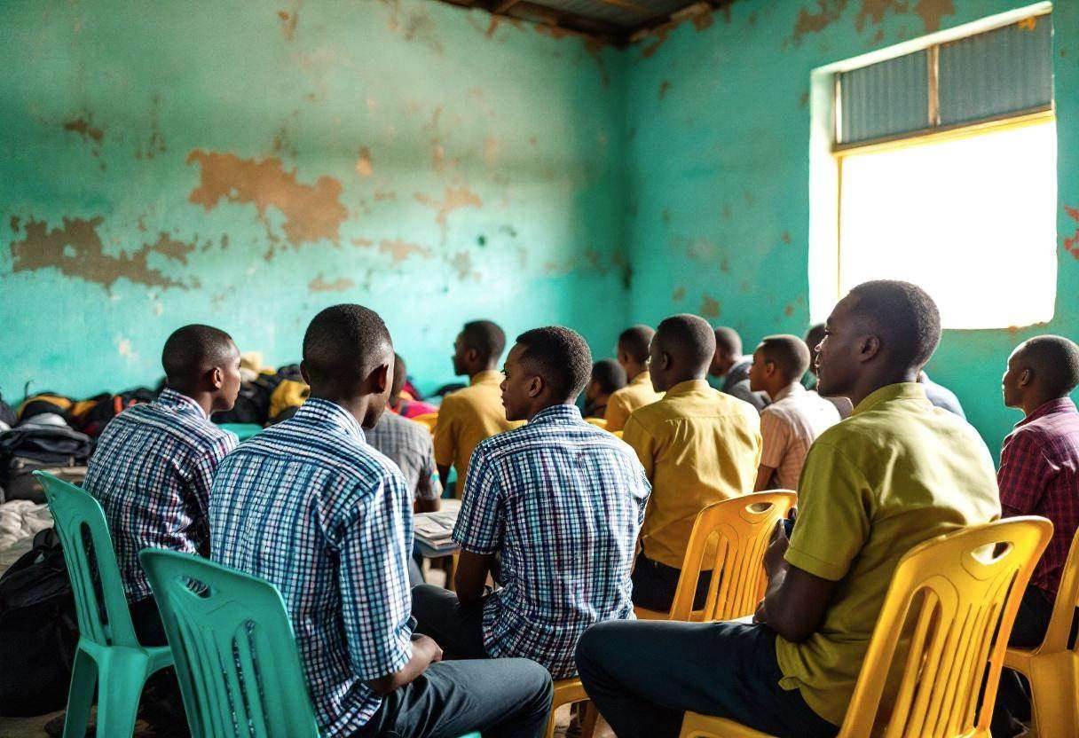 Lanky teenagers ages 14 to 17 in colorful cotton uniform shirts and dark trousers seated on bright plastic stacking chai