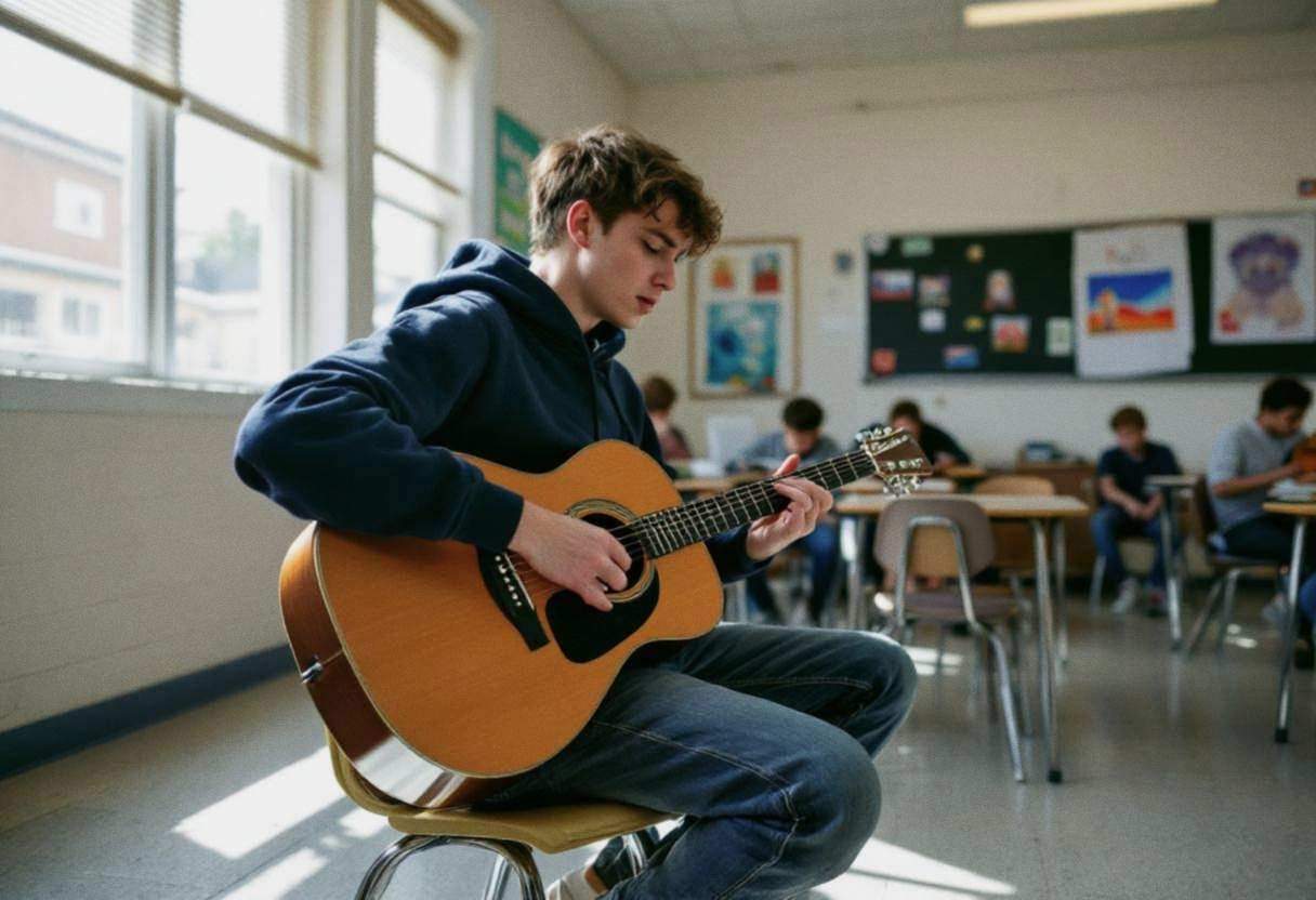 One lanky fifteen-year-old in a navy hoodie and jeans sits at a plastic chair