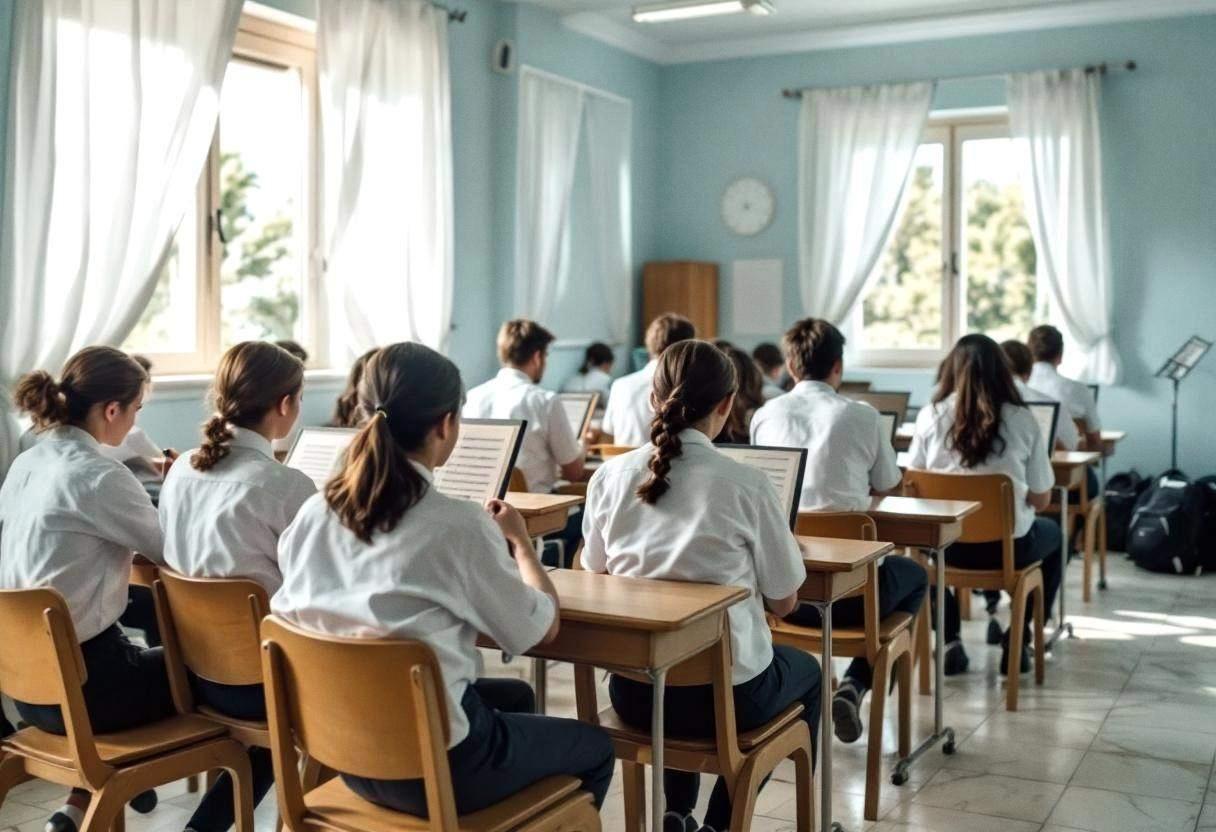Lanky fourteen to seventeen-year-old students in white button-down shirts and dark trousers sitting at wooden desks