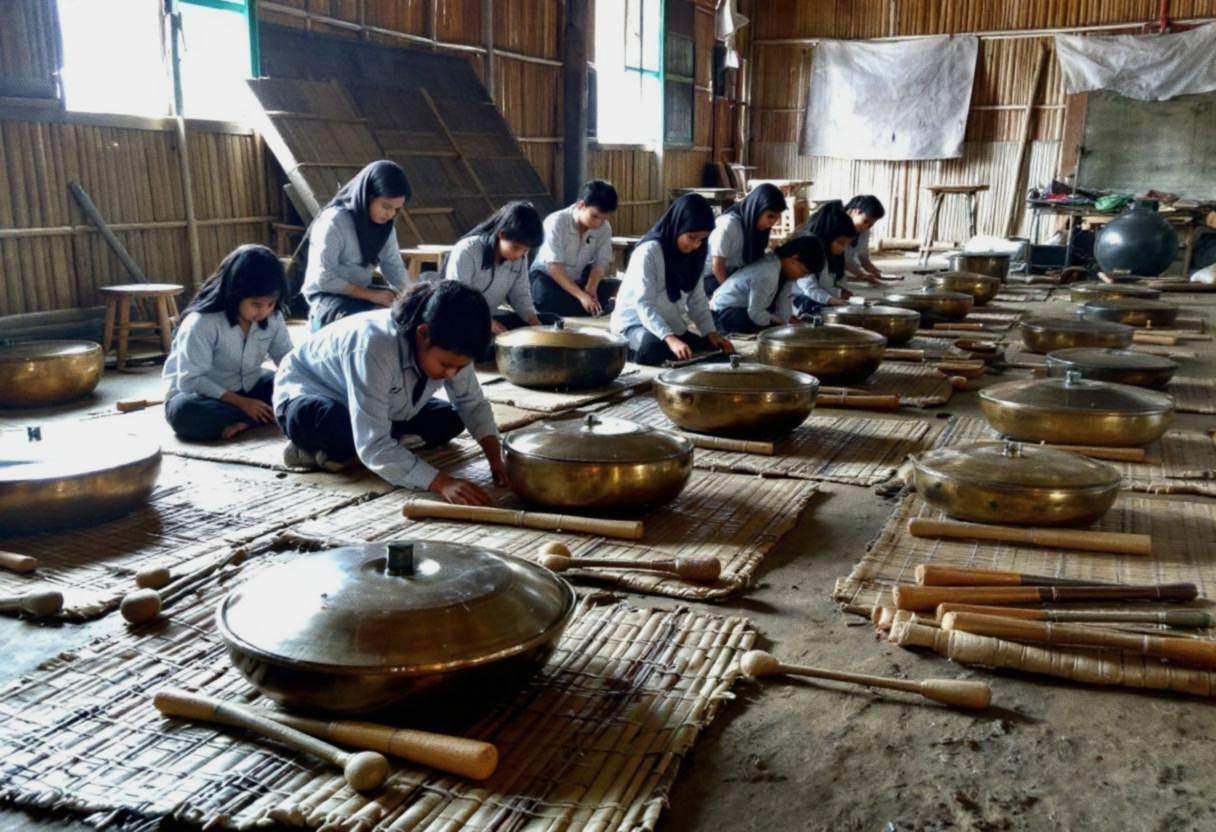Traditional Indonesian gamelan instruments arranged on woven bamboo mats across packed-earth floor in rural schoolhouse 