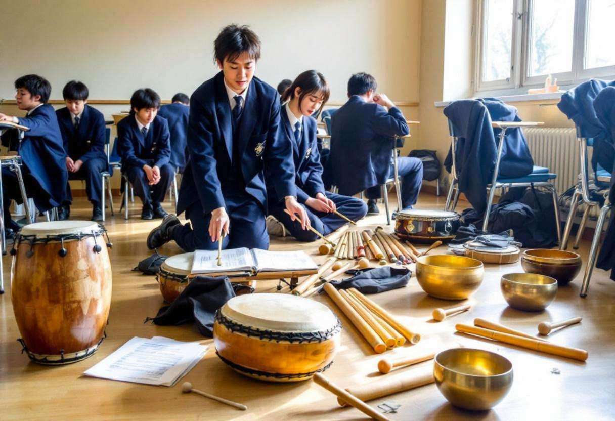 Traditional Japanese musical instruments scattered on light wood classroom floor including wooden taiko drums