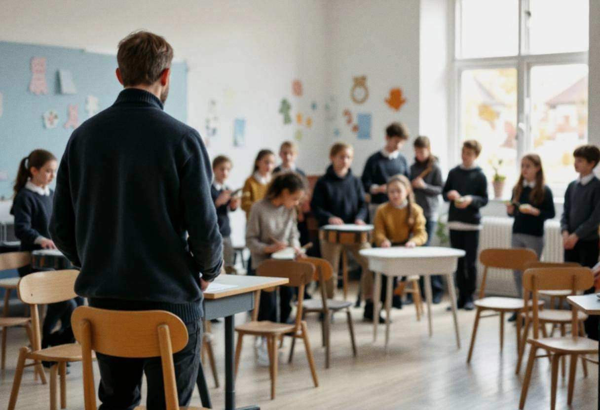 A Scandinavian music teacher in a dark wool sweater seen from behind leading ten to thirteen-year-old preteens in button