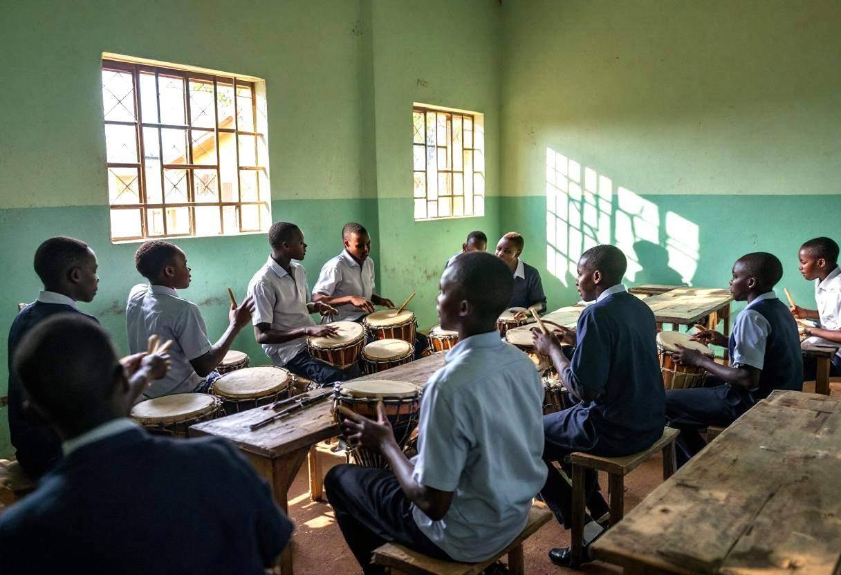 Twelve preteens ages 10 to 13 in navy-blue school uniforms and white cotton shirts drumming on makeshift percussion inst