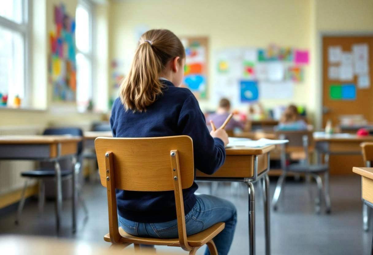 One preteen girl around age 11 in a navy sweater and jeans seated at a wooden desk playing hand drums