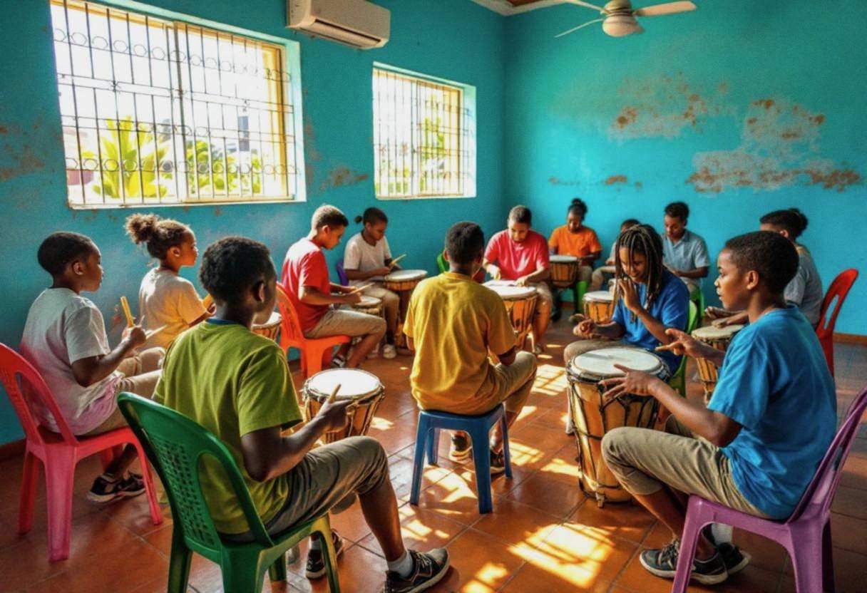 Middle-school preteens ages 10 to 13 in colorful cotton t-shirts and khaki school pants drumming on makeshift percussion