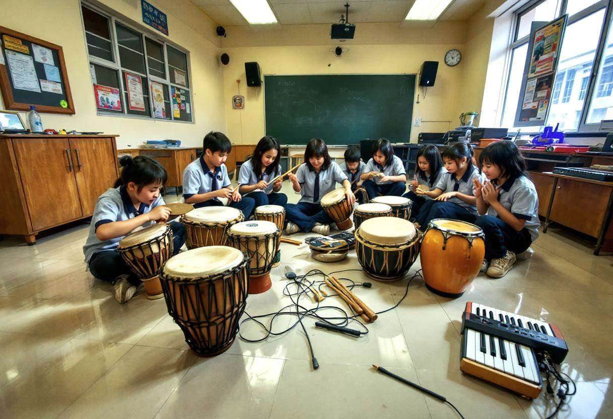 Traditional Vietnamese drums and modern percussion instruments scattered across cream tile floor in urban classroom with