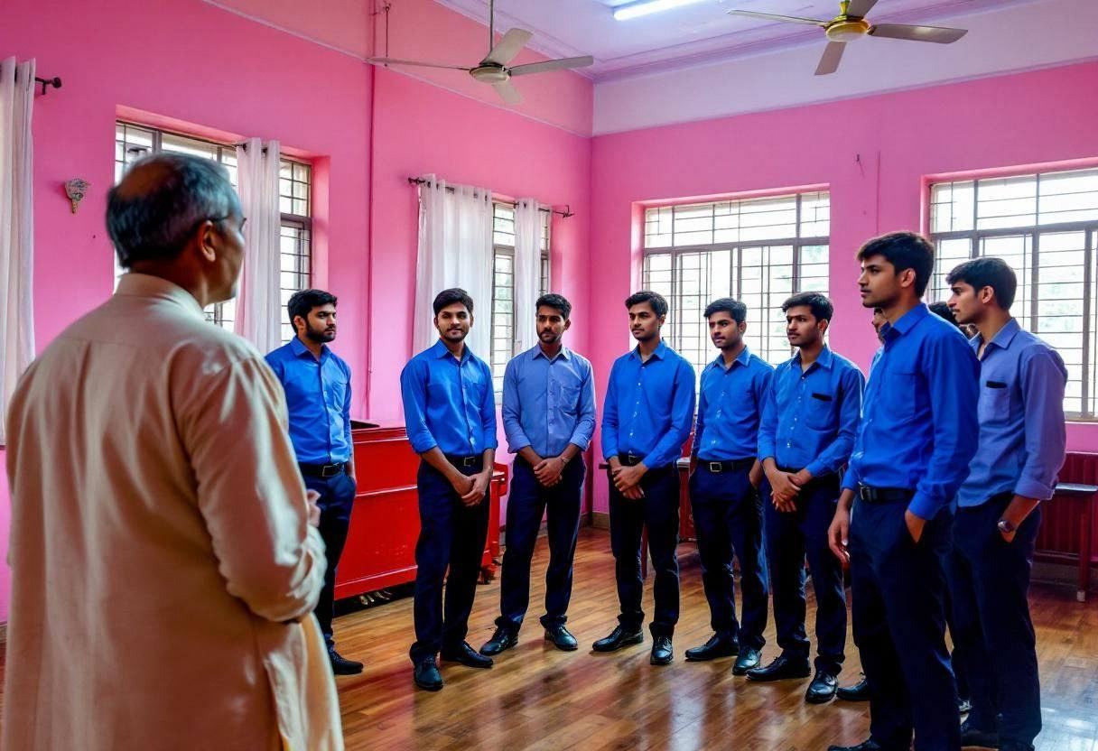 A teacher in a cream cotton kurta seen from behind addressing lanky teenagers ages 14 to 17 in blue uniform shirts and n