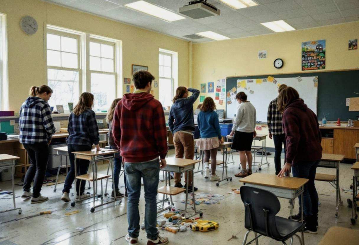 Lanky teenagers ages 14 to 17 in flannel shirts and jeans working on large installation art pieces about clean energy