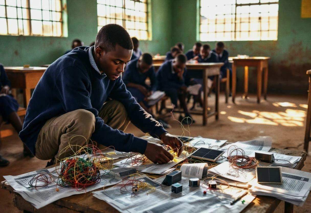 One lanky fifteen-year-old in a navy blue school sweater and khaki trousers crouched beside colorful wire sculptures and