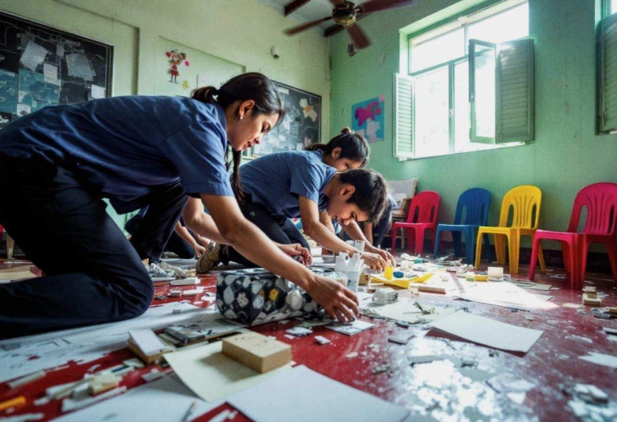 Lanky Filipino teenagers ages 14 to 17 in blue button-down uniform shirts and navy trousers working on large installatio