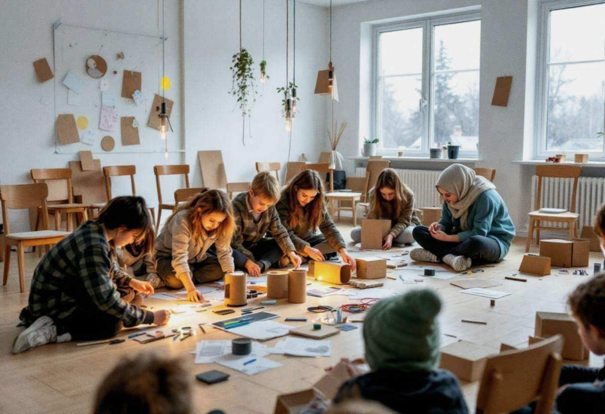 Installation art materials scattered across pale birch classroom floor in Scandinavian school room with simple white wal