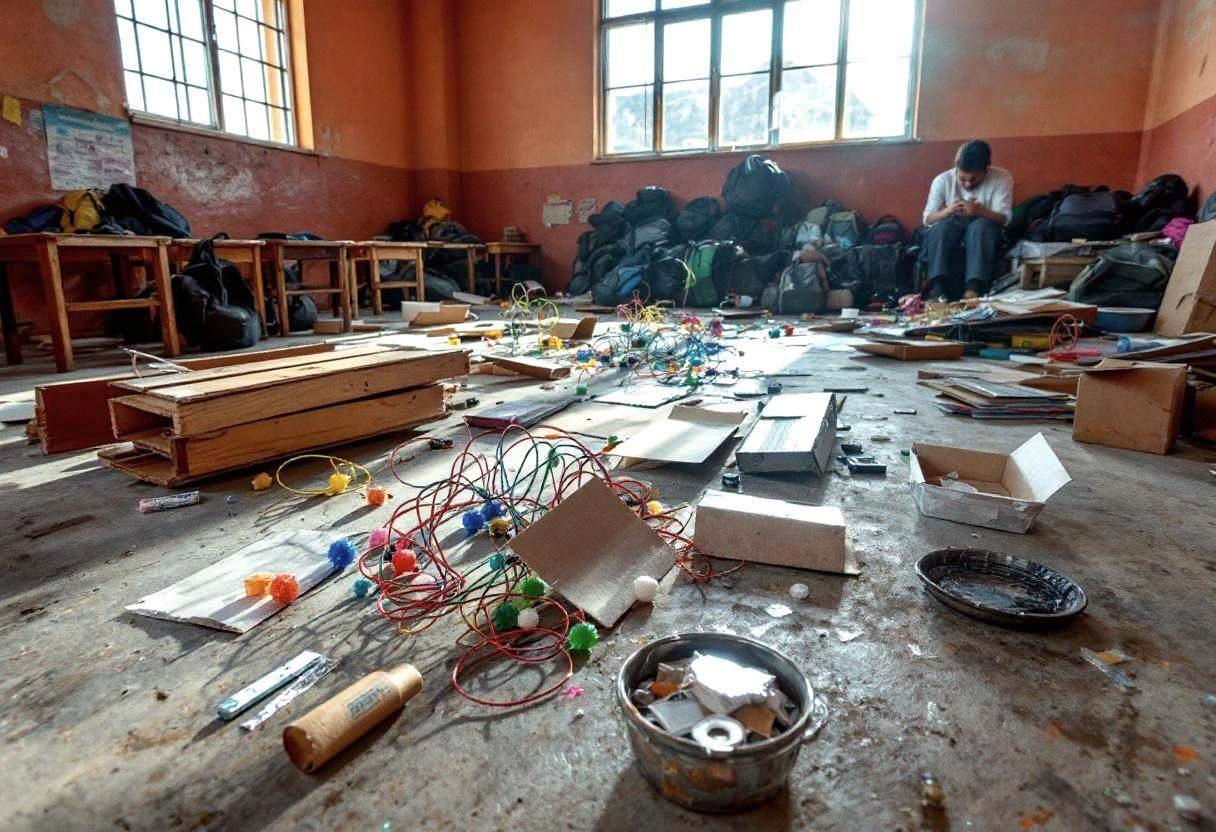 Scattered art installation materials on a scuffed concrete classroom floor: colorful wire sculptures