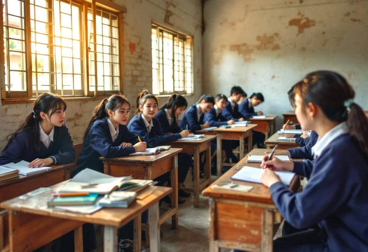 Lanky teenagers ages 14 to 17 in navy blue school uniforms and white collared shirts seated on plain wooden benches