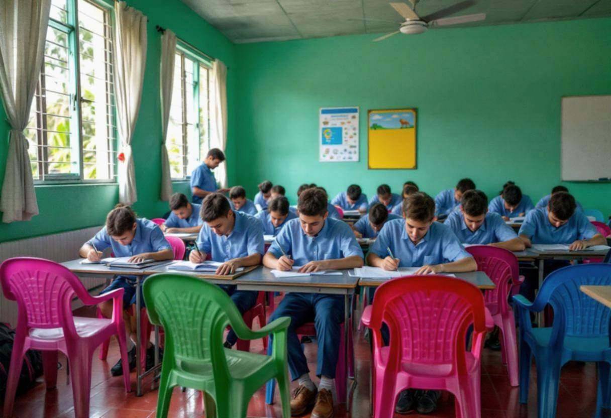 Lanky teenagers ages 14 to 17 in blue button-down uniform shirts and navy trousers sitting in mixed green-blue-pink plas
