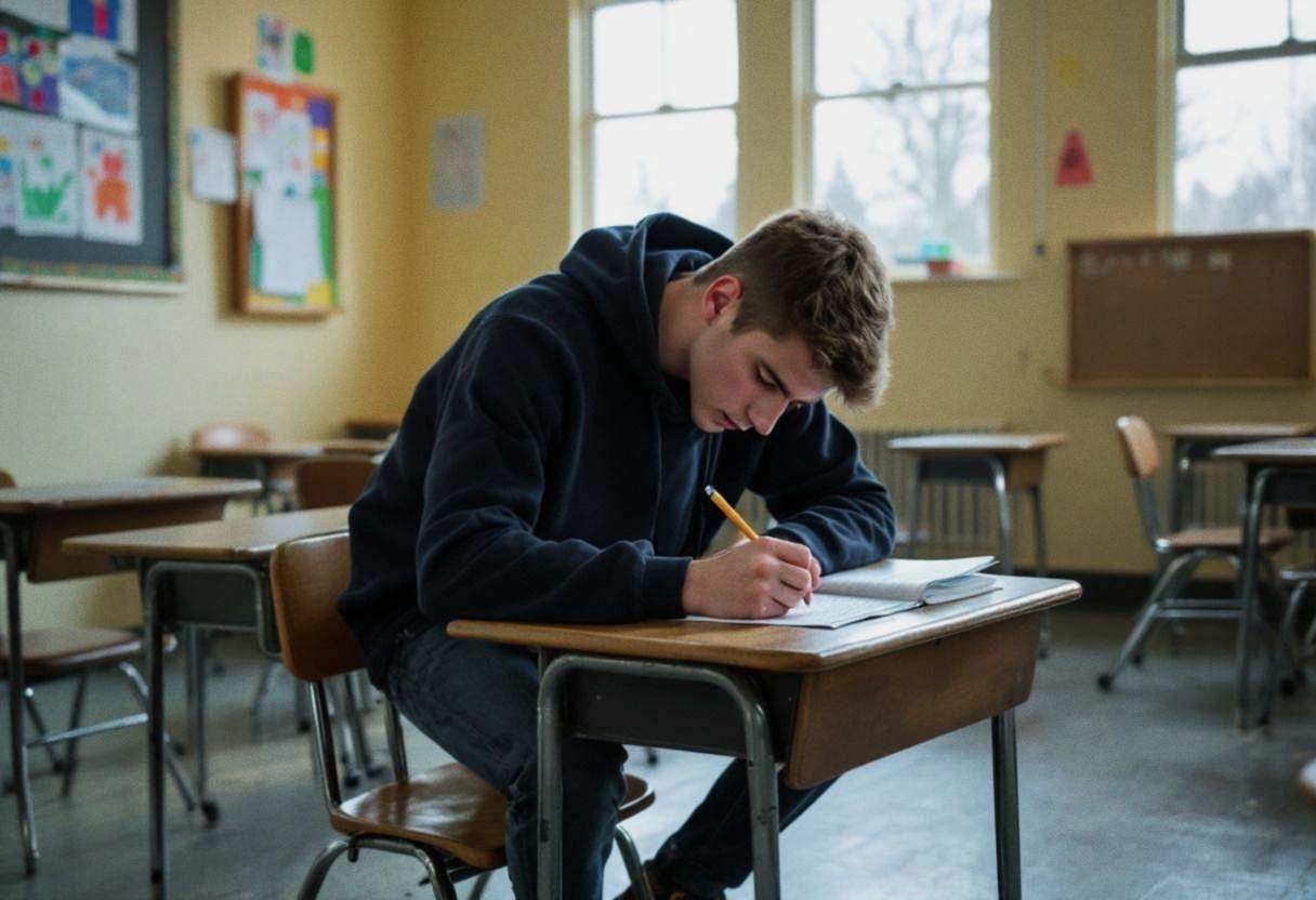 One lanky sixteen-year-old in a navy hoodie and dark jeans hunched over a wooden desk