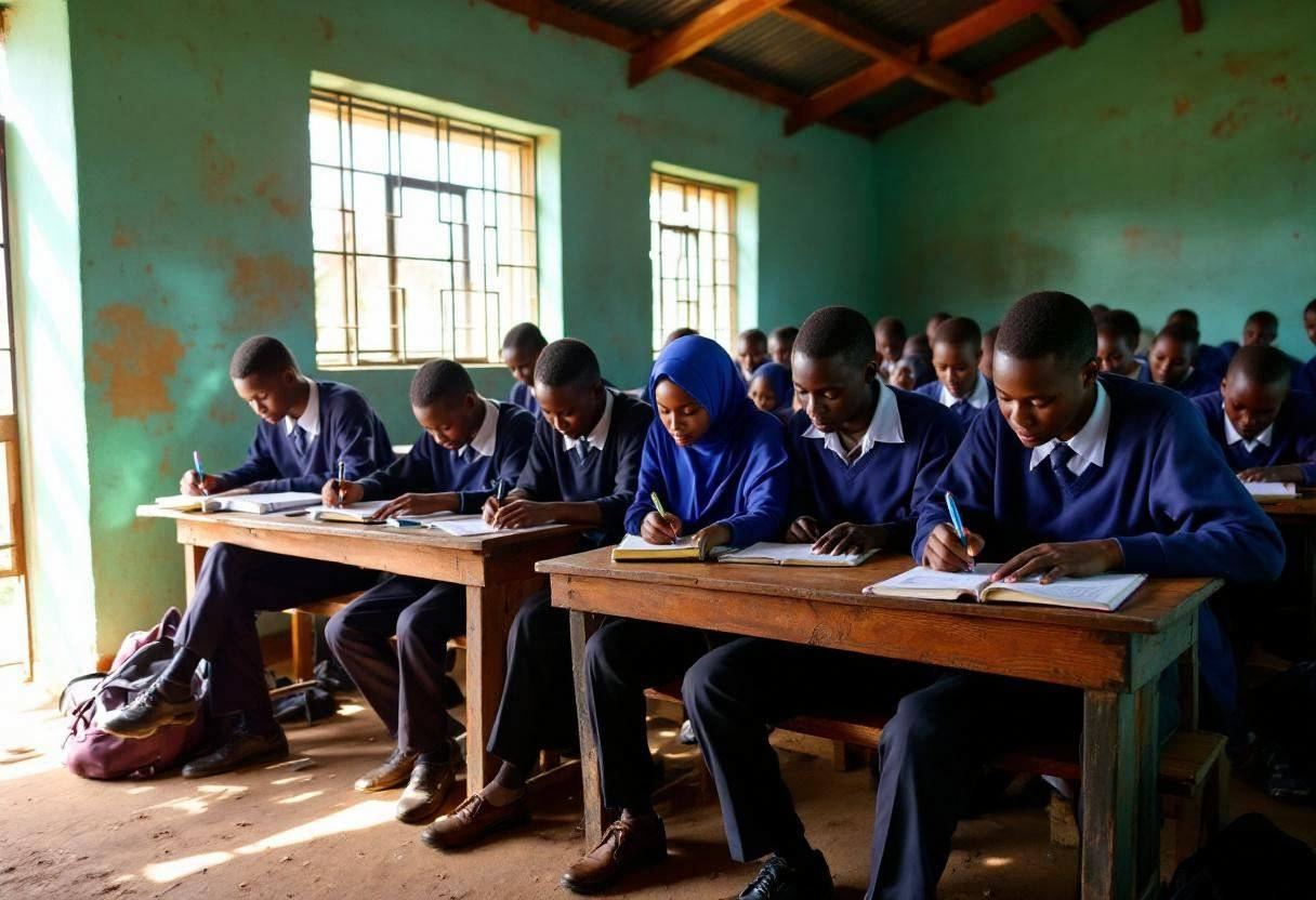 Lanky teenagers ages 14 to 17 in navy blue uniform shirts and dark trousers sitting on plain wooden benches