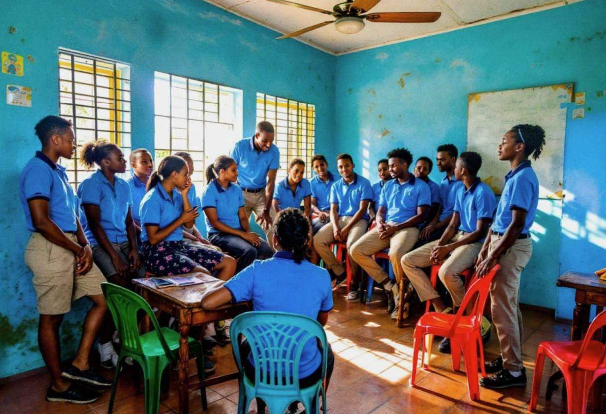 Lanky sixteen-year-old students in blue polo shirts and khaki pants gathered around their teacher in a colorful Dominica