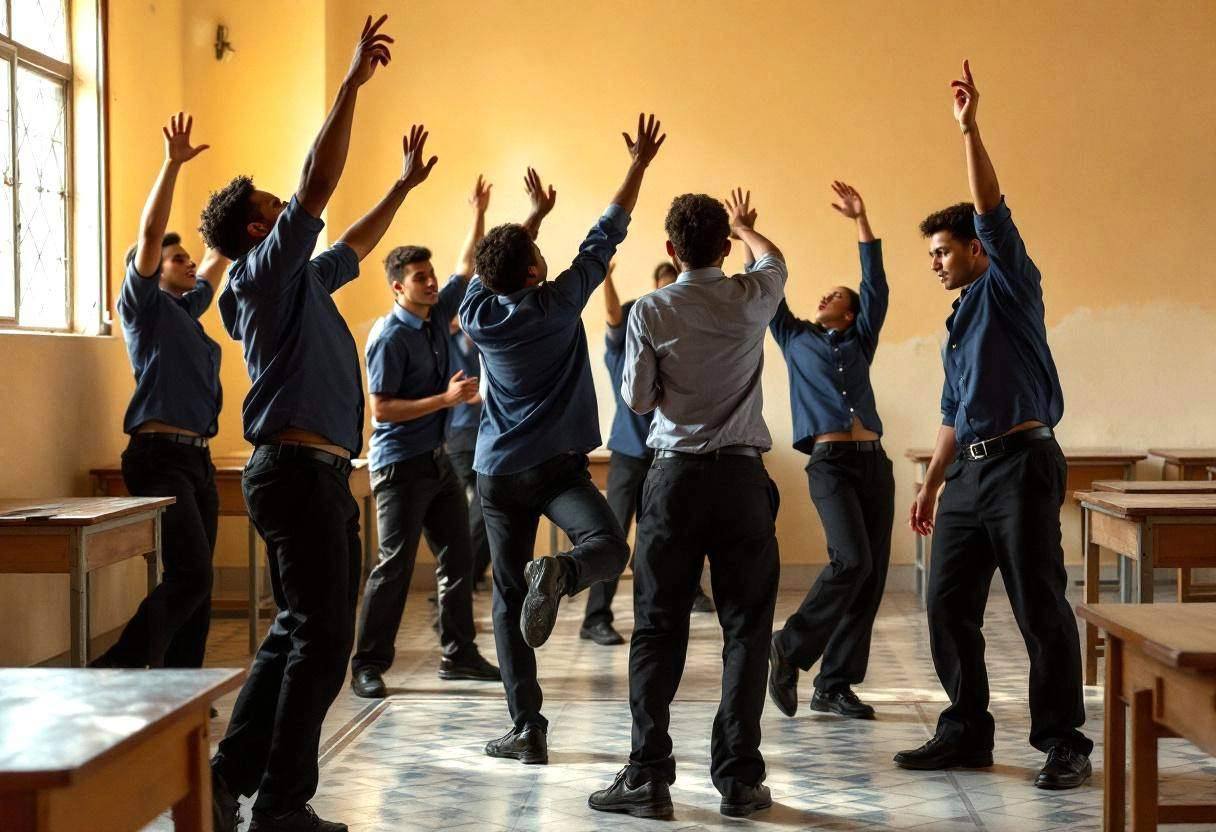 Lanky fourteen to seventeen-year-olds in navy button-down uniform shirts and dark trousers mid-freeze dance
